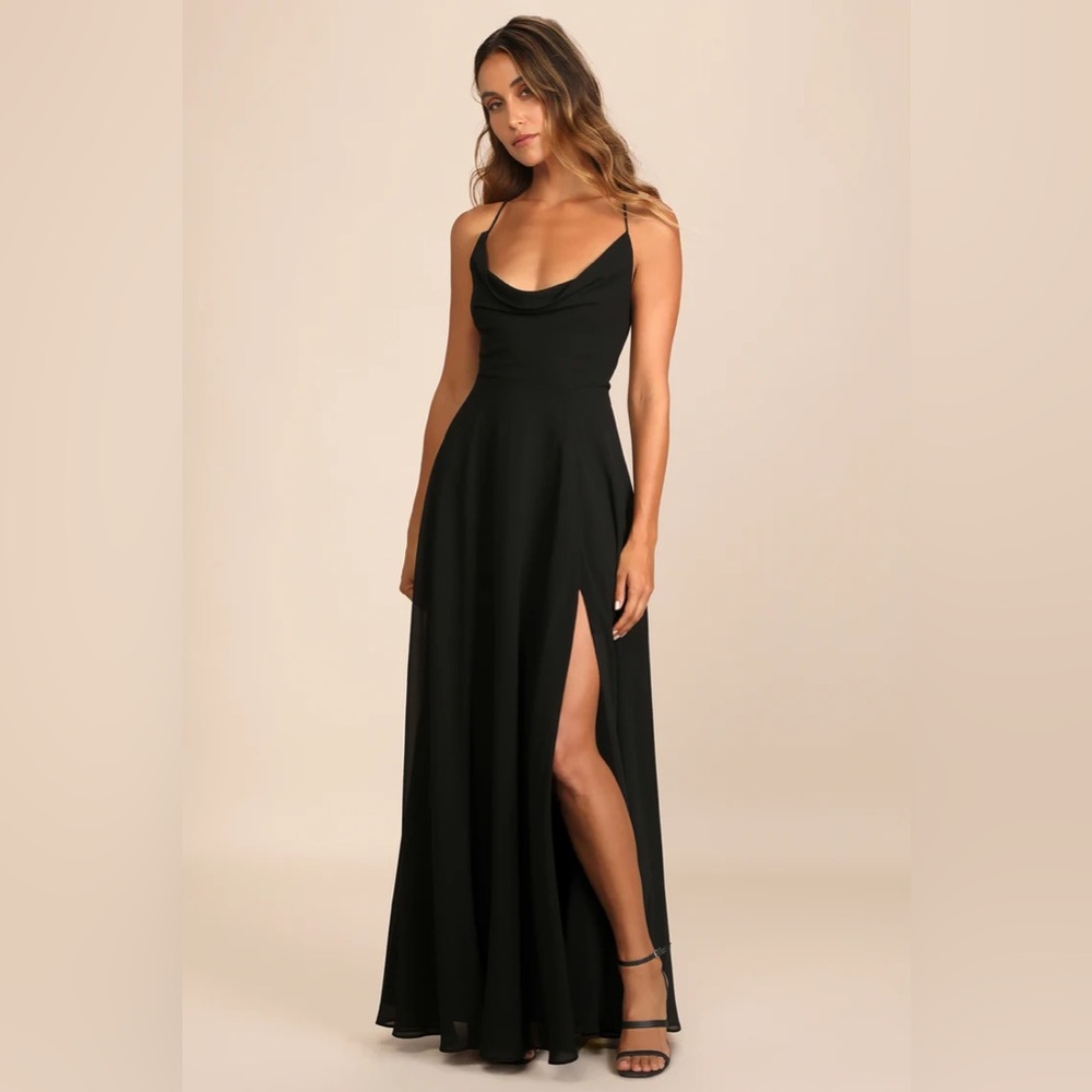 Lulus Romantically Speaking Black Cowl Lace-Up Maxi Dress NWOT